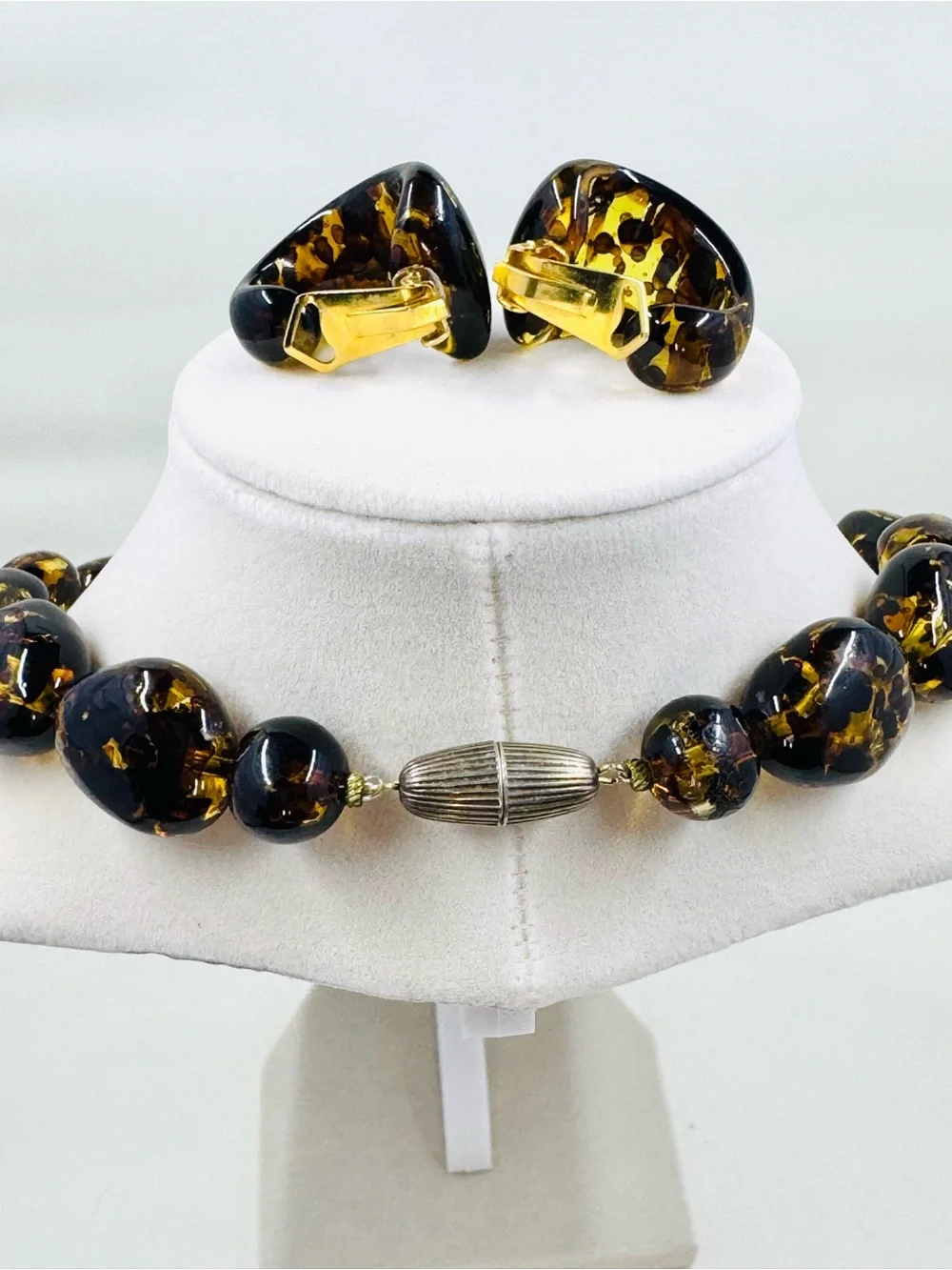 Vintage Plastic Amber & Brown Tone Translucent Beaded Necklace &Clip On Earrings